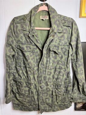Boutique brand, green leopard print military jacket